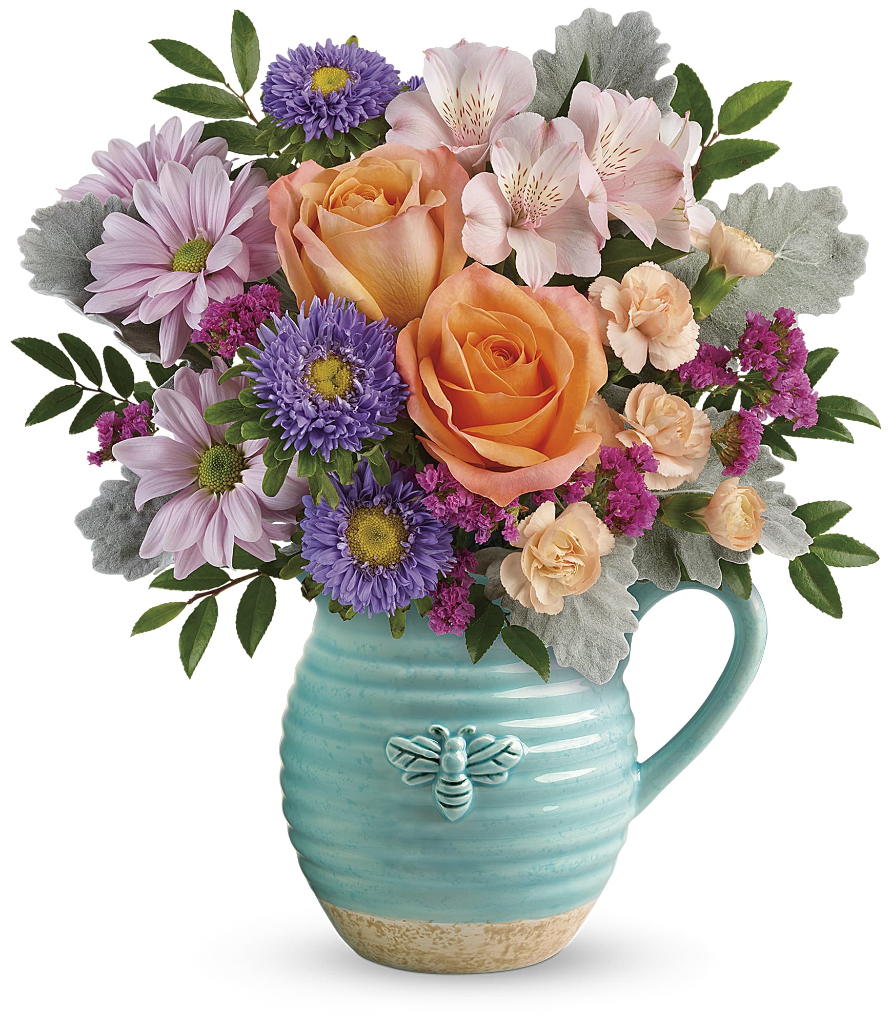 Bouquet of orange roses, pink daisies, and purple flowers in a turquoise mug vase