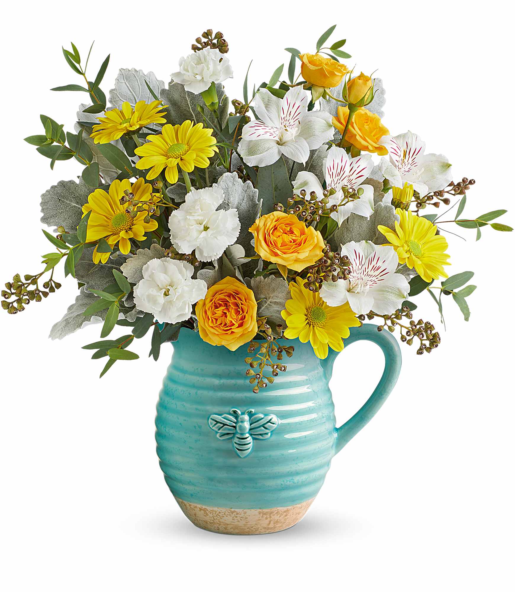 Yellow and white flowers arranged in a turquoise mug vase