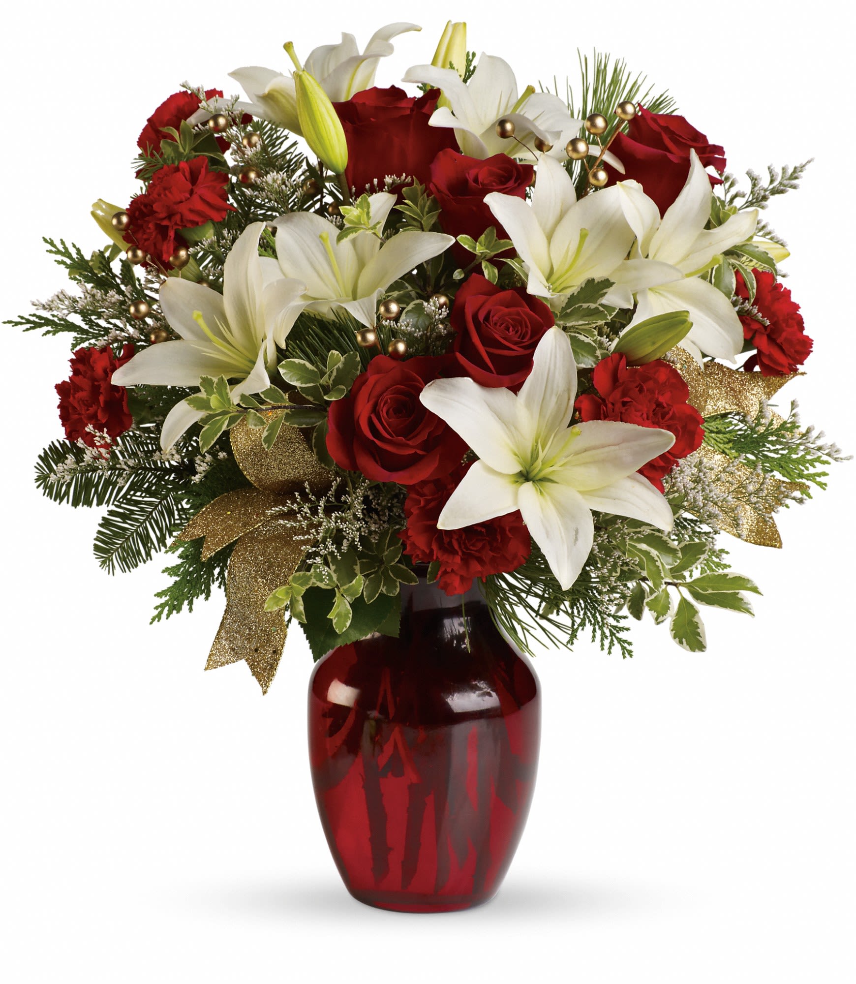 Red roses and white lilies in a red glass vase with gold accents