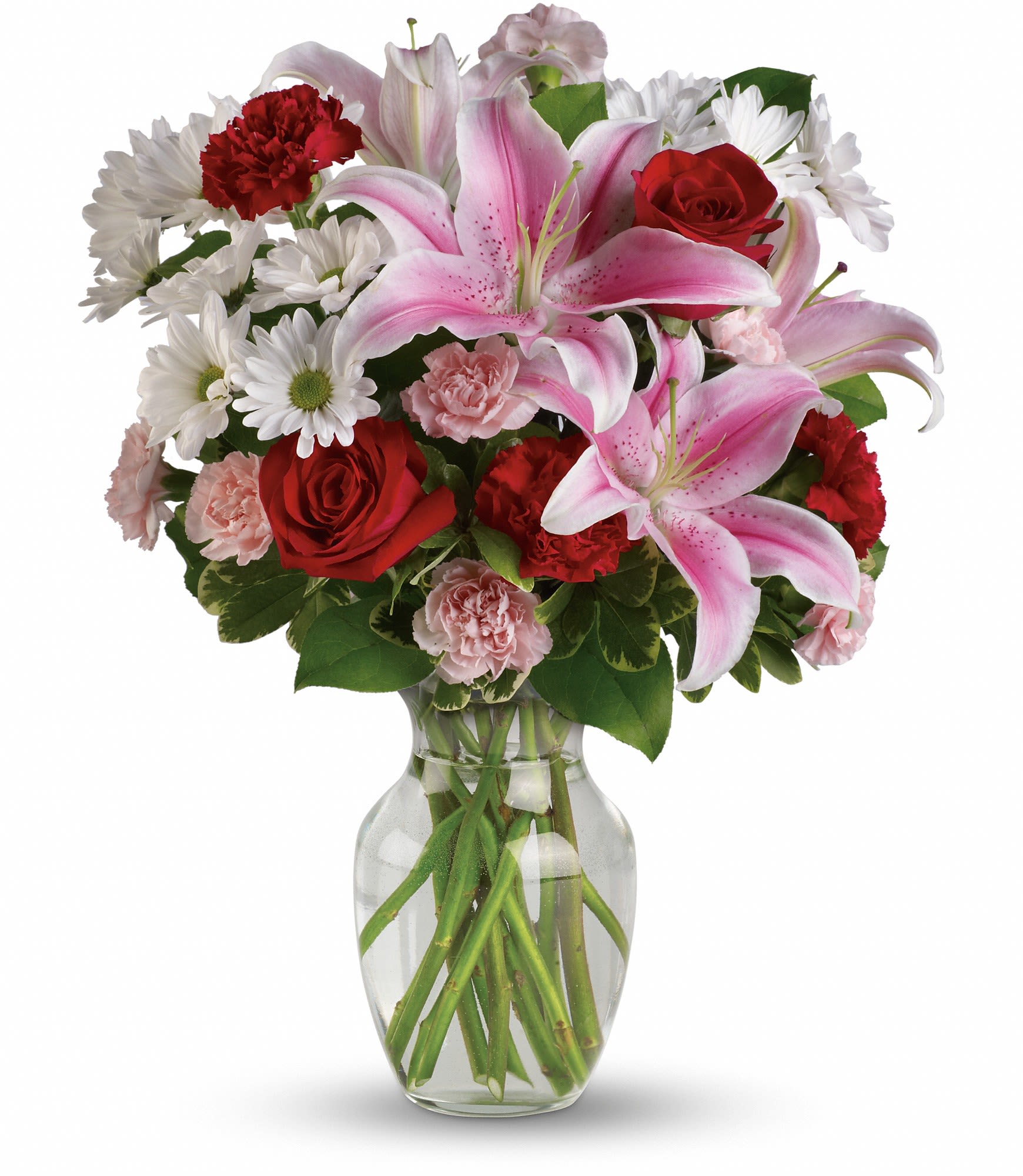 Bouquet of pink lilies, red roses, white daisies, and carnations in a glass vase