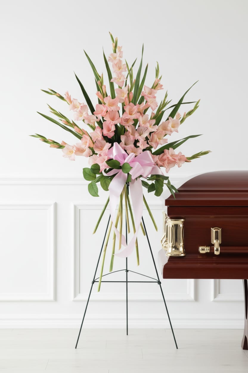 Pink gladiolus standing spray beside a casket