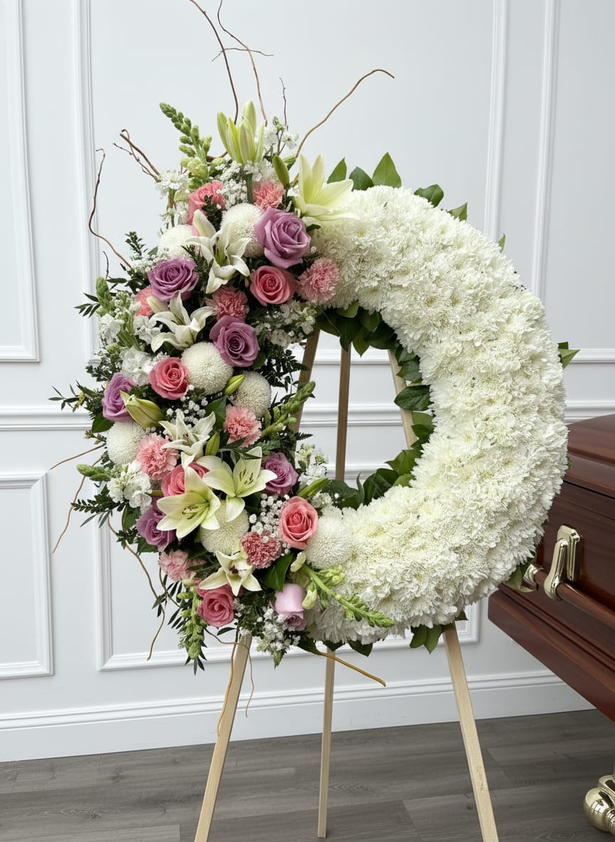 Large floral funeral wreath with white and pink flowers on an easel