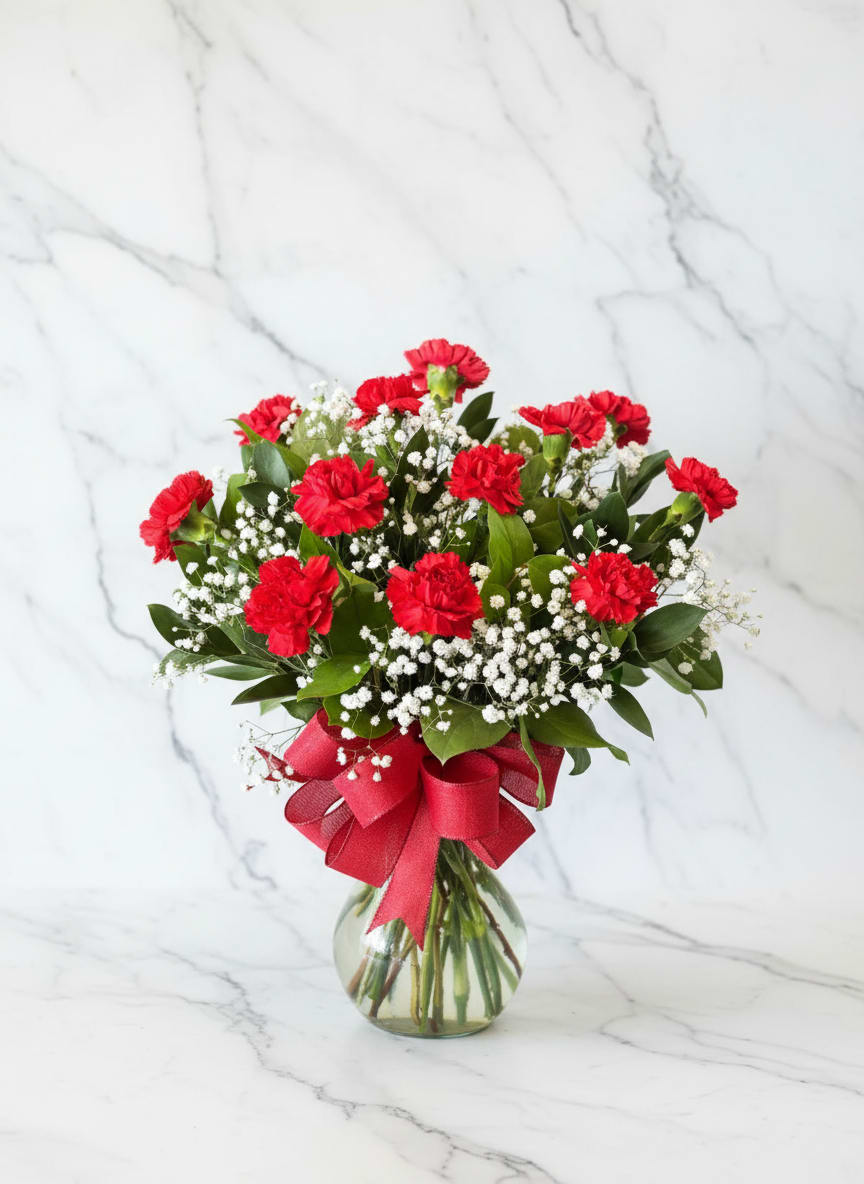 Red carnations and baby's breath in a glass vase with a red ribbon