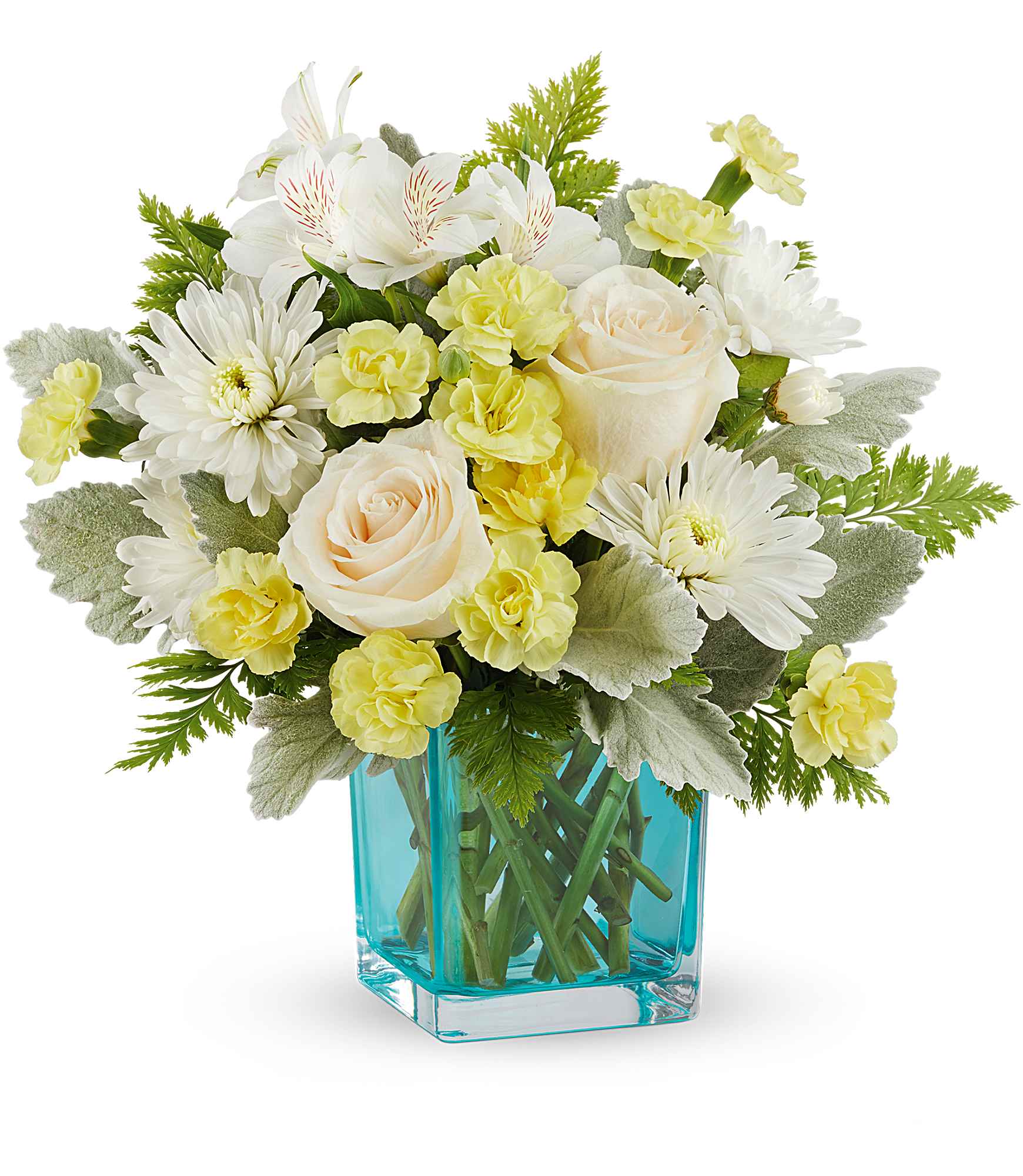 White and pale yellow bouquet in a blue glass vase