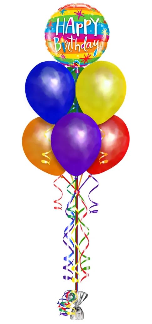 Birthday balloon bouquet with a rainbow foil balloon and five latex balloons