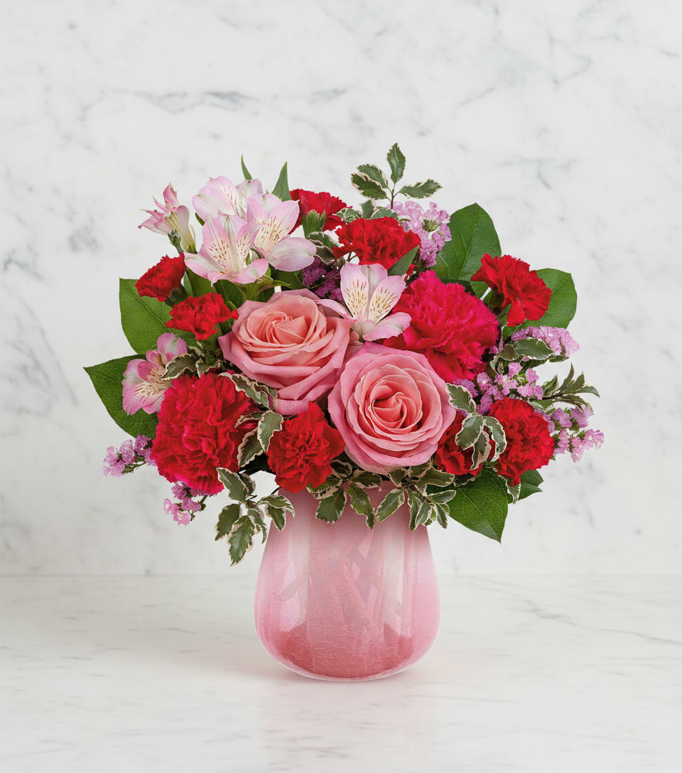 Pink roses and red carnations in a pink glass vase