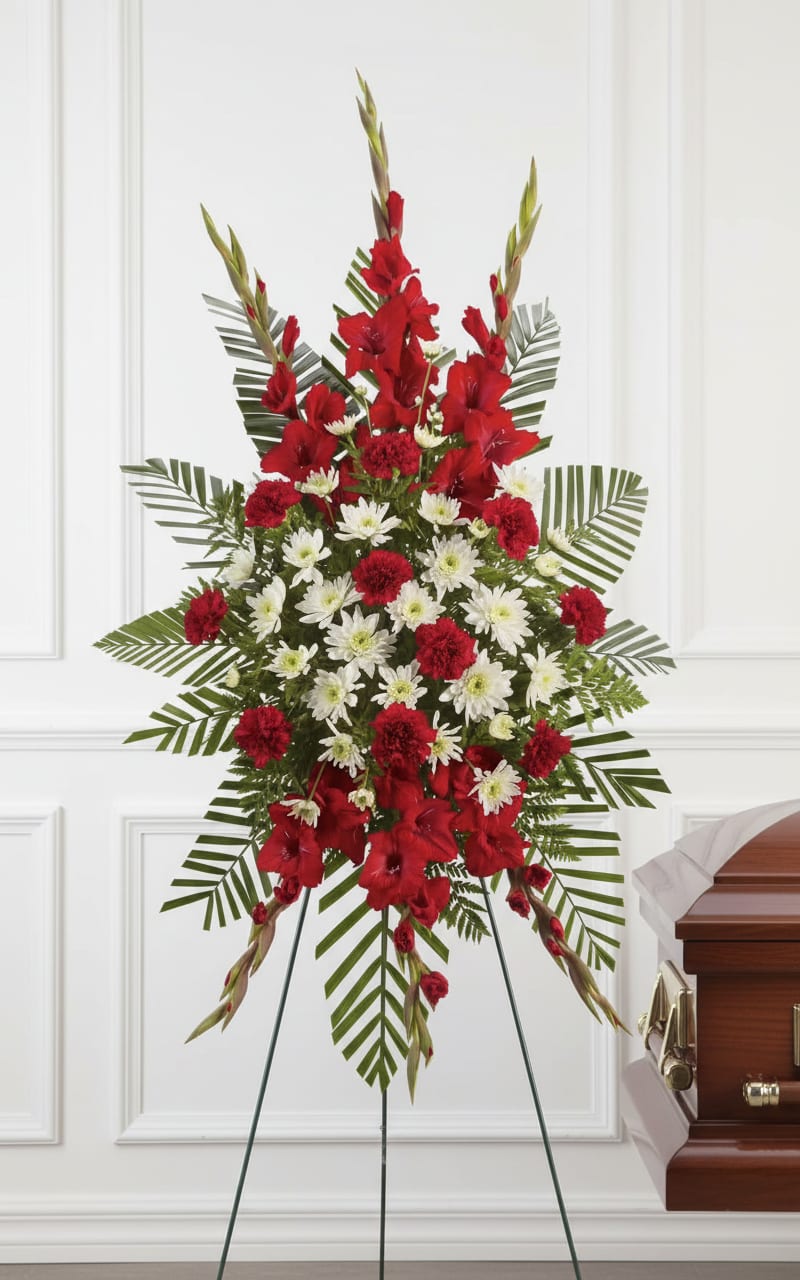 Tall red and white standing spray with carnations and mums on a metal easel beside a wooden casket.