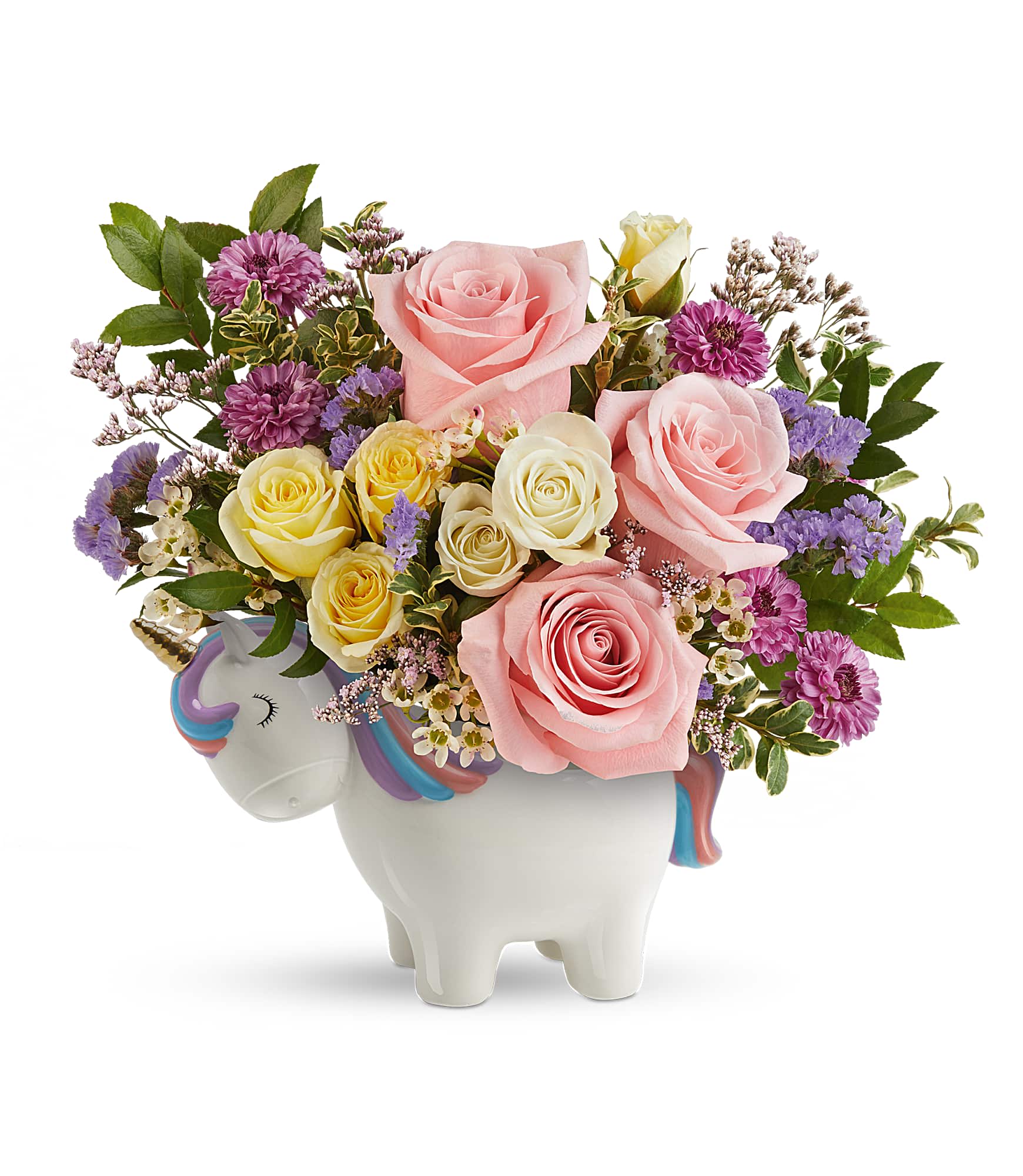 Aurora Blooms Bouquet - Whimsical and full of charm, Teleflora's Aurora Blooms Bouquet brightens any day with a pastel mix of roses and wildflower hues, artfully arranged in a magical unicorn keepsake for a touch of wonder and joy.