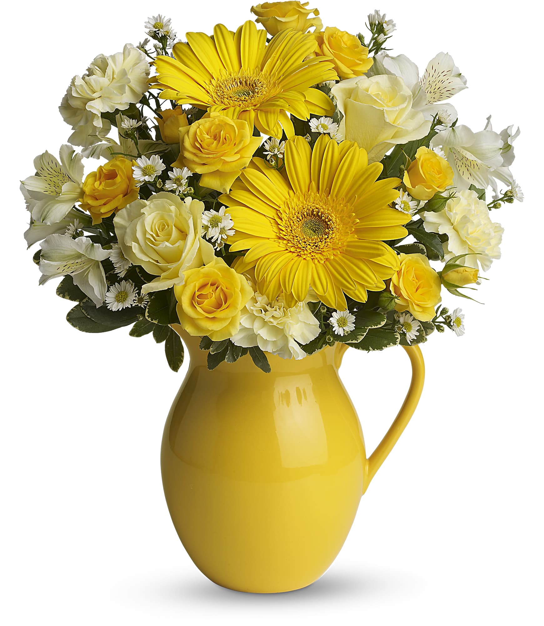 Sunny Day Pitcher of Cheer - This bouquet is just bright for any occasion! A bright and sunny medley of flowers is hand-delivered in a brilliant florist's choice vase that can be joyfully used over and over again. 