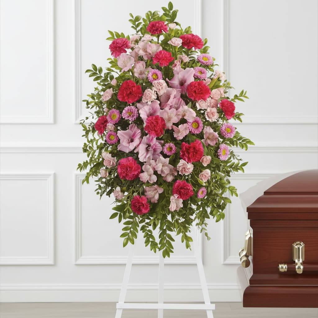 Pink Tribute Spray - With a bounty of lovely pink flowers and simple greens, this pretty spray lets you express your sympathy beautifully.