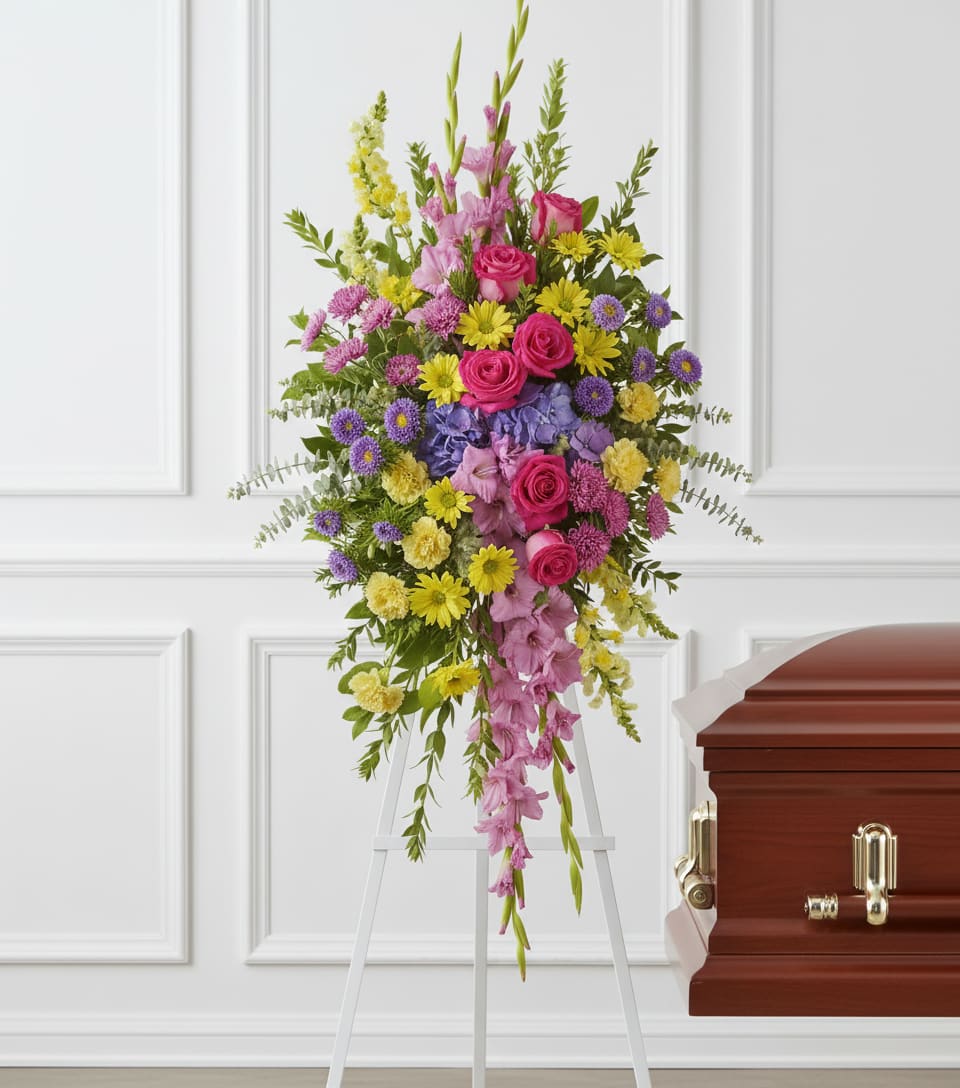 Bright and Beautiful Spray - Reflecting the many colors of life, a rich spectrum of blooms evokes the range of emotions experienced in remembering a cherished loved one. 