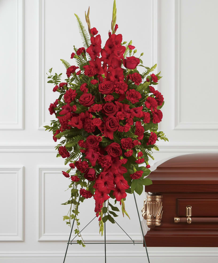 Deep in Our Hearts Spray - This rich, radiant spray of red roses, gladioli and other popular red flowers during a time of loss conveys a message of reassurance and hope in a difficult time.