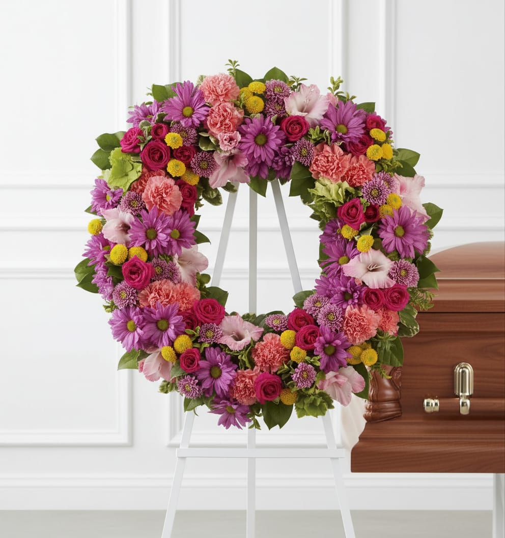 Colorful floral funeral wreath on a white stand beside a casket