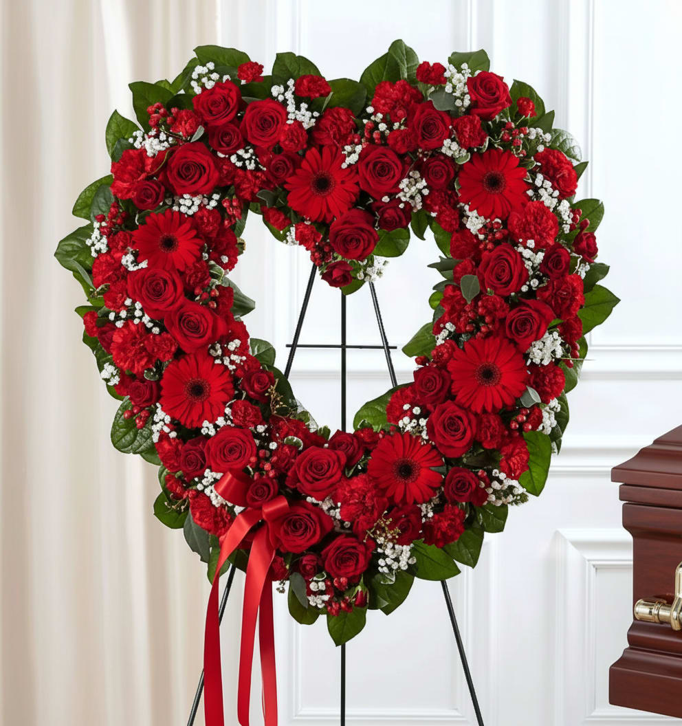 Heart-shaped red rose and gerbera wreath on an easel with a ribbon