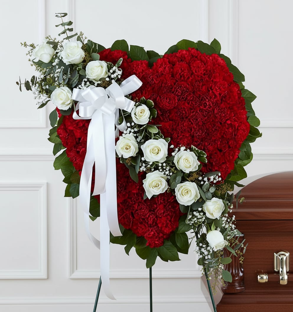 Heart-shaped red floral funeral spray with white roses and ribbon