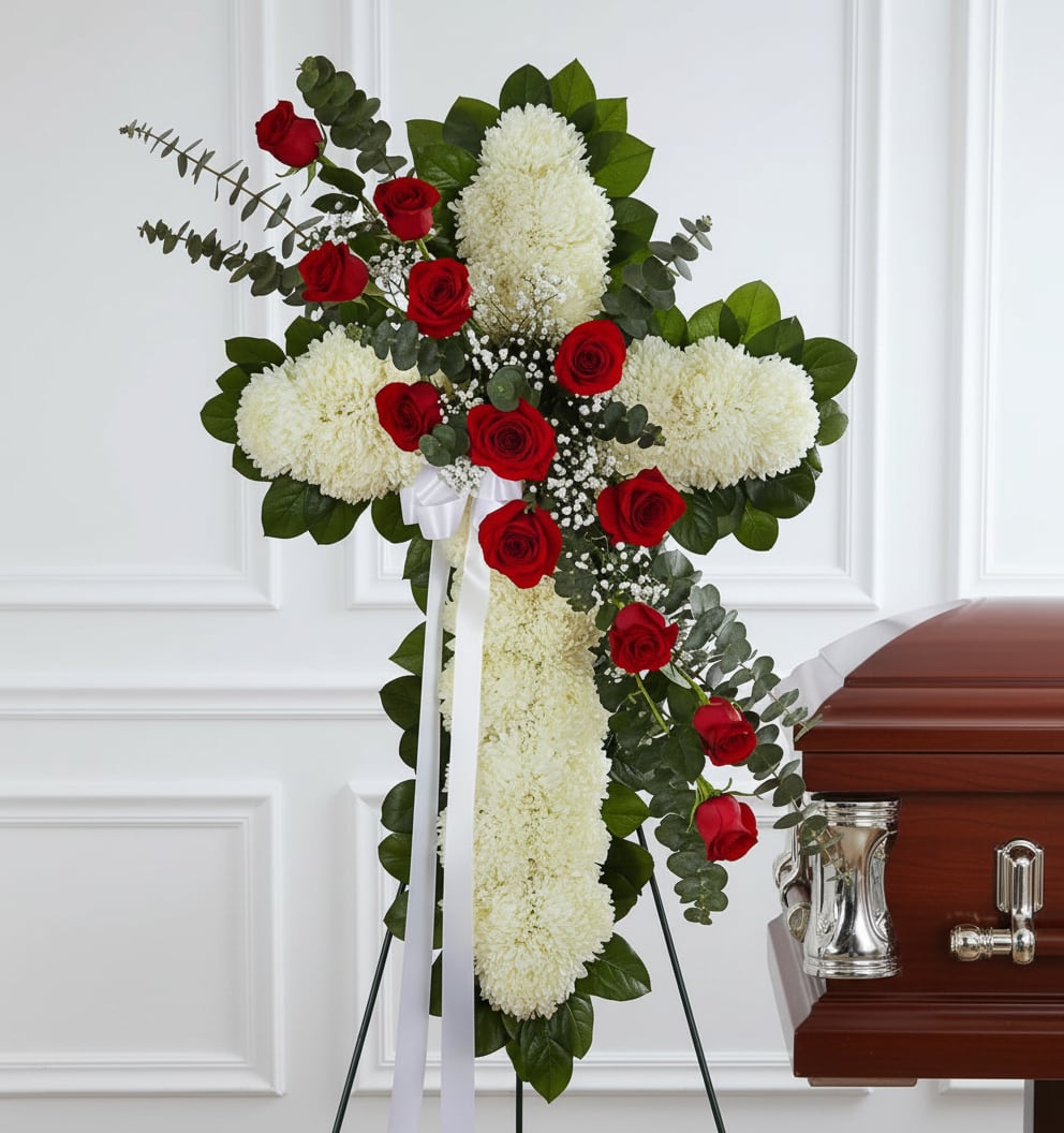 Red roses and white flowers arranged on a standing cross beside a casket