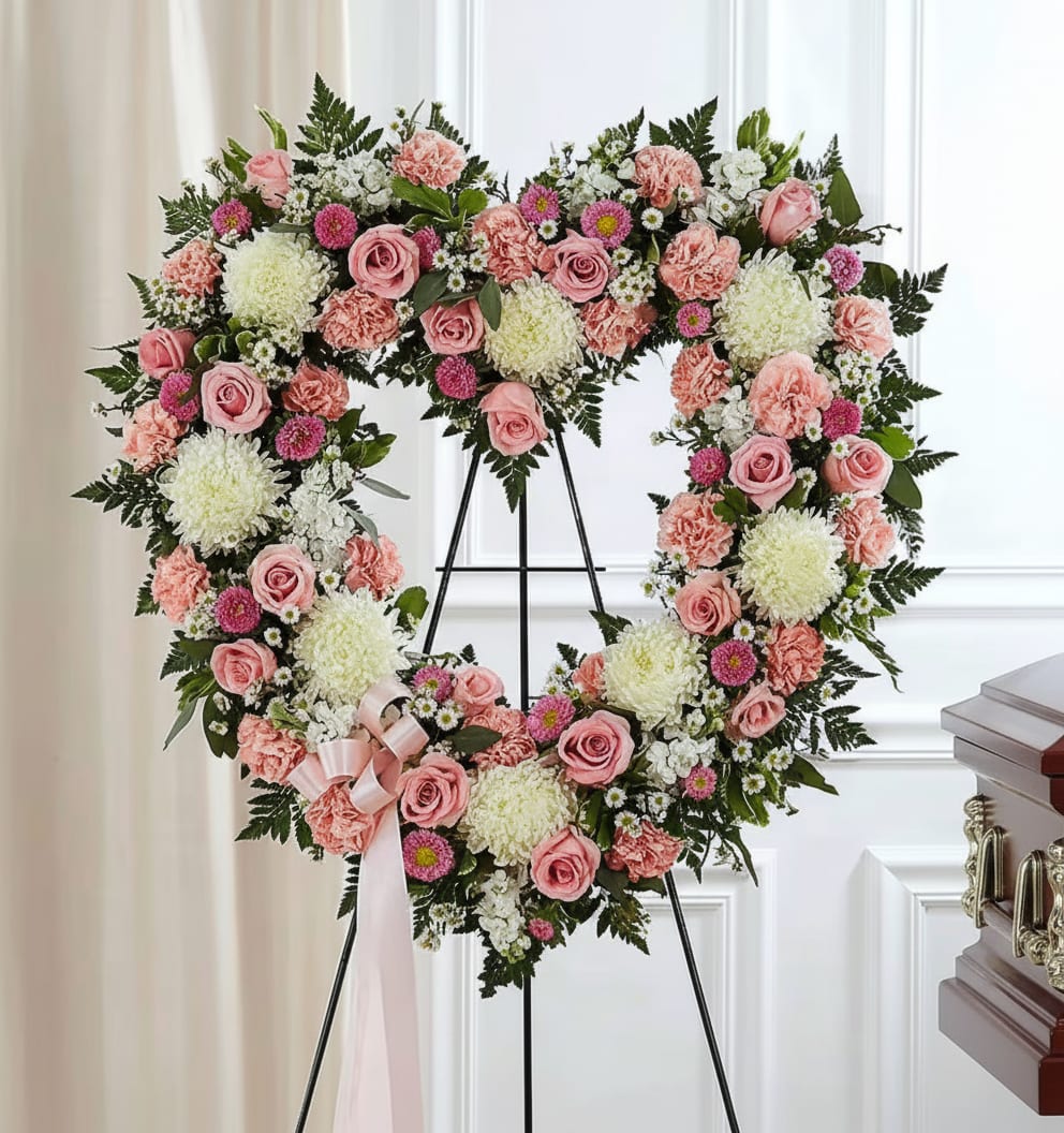 Heart-shaped floral wreath with pink roses and white blooms on a stand