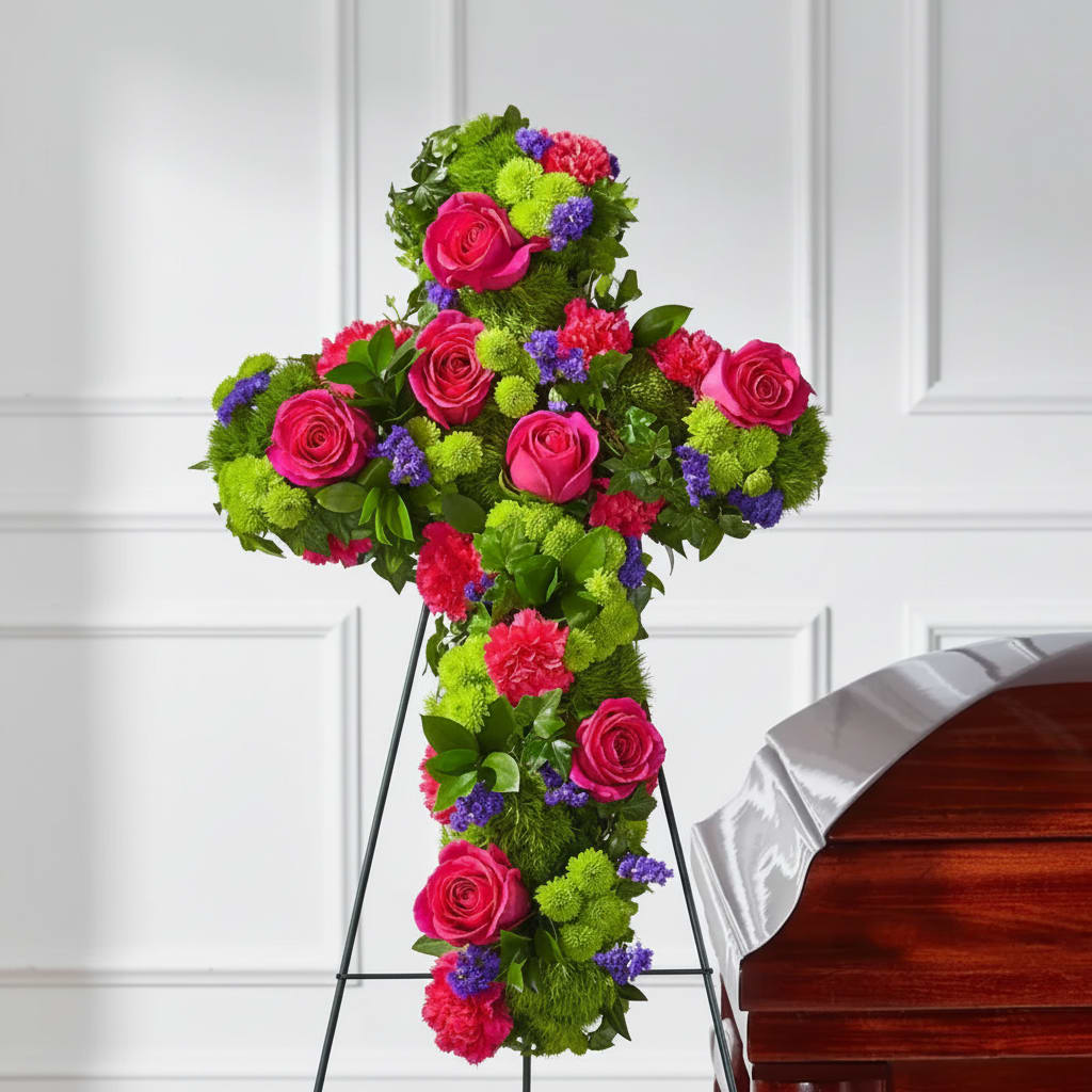 Cross-shaped floral tribute with pink roses and bright mixed blooms