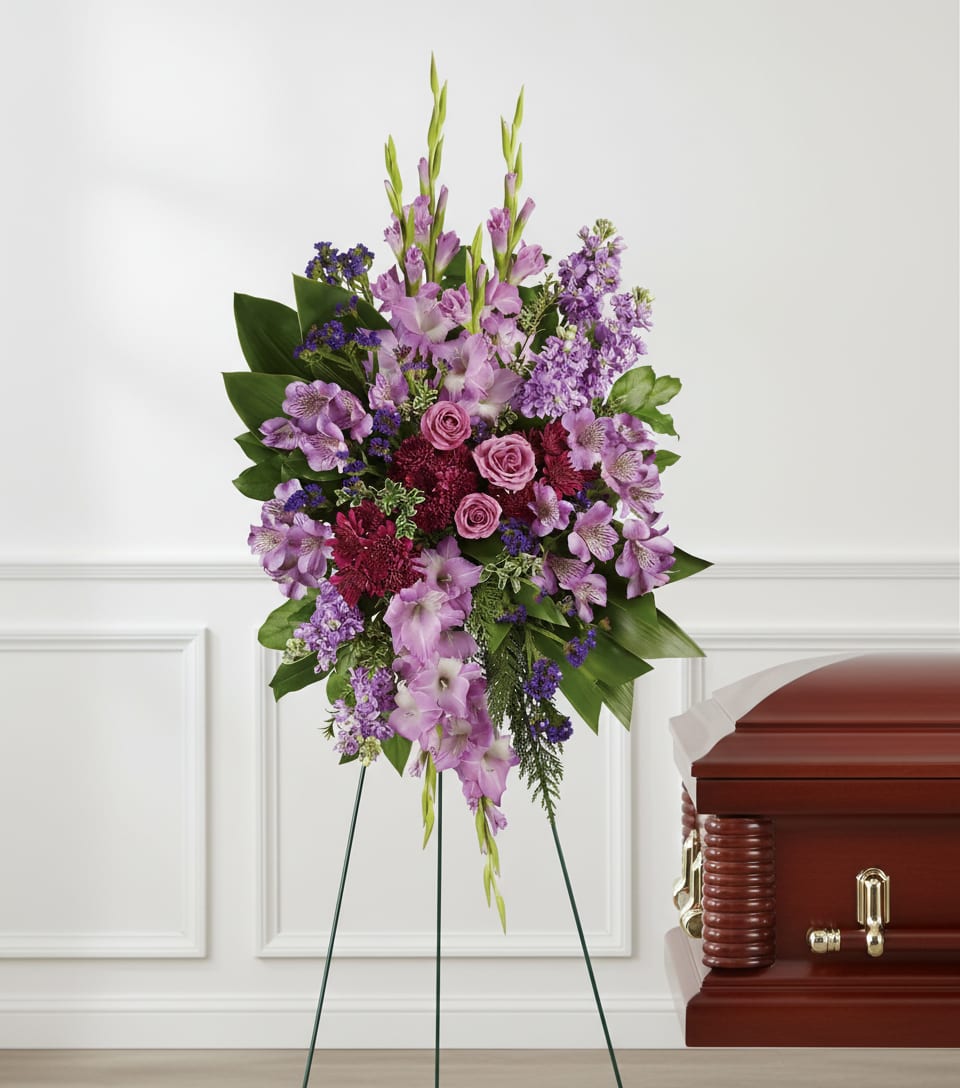Purple floral standing spray beside a casket