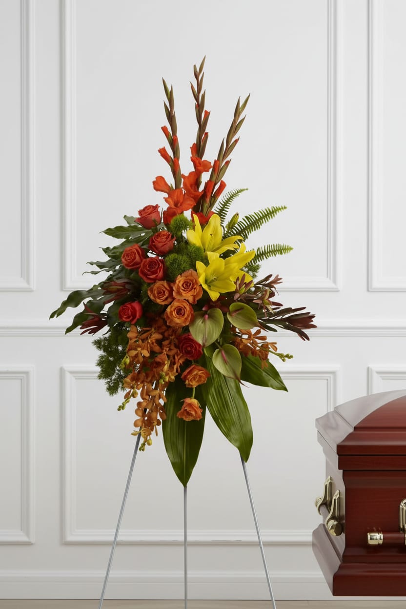Standing floral spray with red, orange, and yellow flowers on an easel