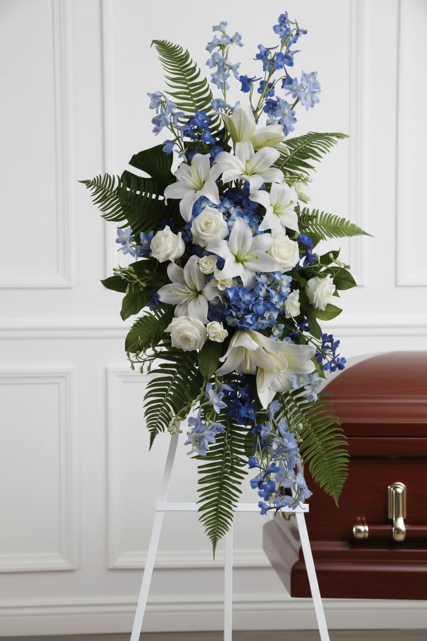 White lilies and blue flowers arranged on a funeral easel beside a casket