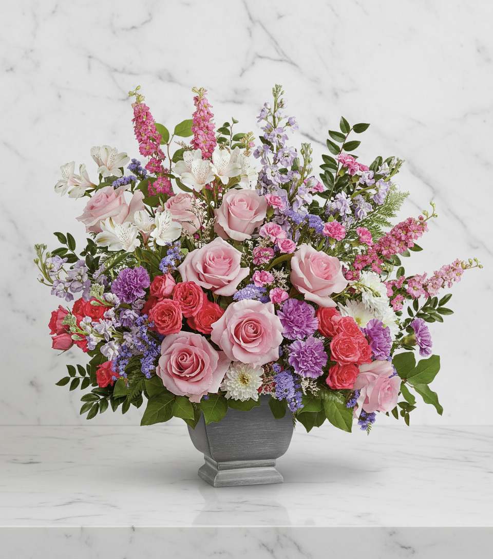 Pink roses and mixed flowers arranged in a gray vase