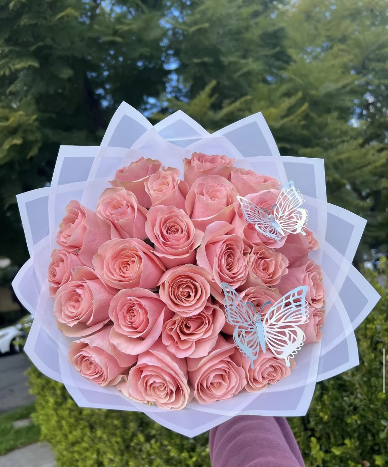 Bouquet of pink roses wrapped in white paper with butterfly decorations