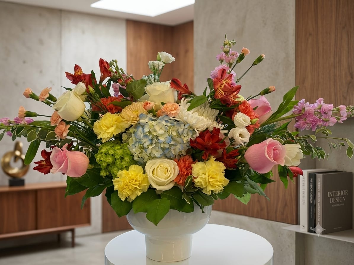 Sunset Horizon. - A lush, abundant centerpiece that feels like a golden-hour embrace-this large mixed flower arrangement is perfect as a birthday bouquet, thank-you gift, or springtime celebration. The design pairs romantic pink and white roses with bright yellow and white chrysanthemums to create a joyful, uplifting sight that will make the person you're thinking of feel genuinely celebrated.  Rendered in a glossy white pedestal vase, the composition mixes blue hydrangea, soft carnations, delicate lisianthus and alstroemeria, plus layered greenery that gives the bouquet a full, airy silhouette. The wide, symmetrical shape reads polished and decorative, standing tall as a statement piece on mantels or dining tables while the varied textures-from fluffy hydrangea to crisp rose petals-add visual depth.  Ideal for anniversaries, hostess gifts, or a heartfelt pick-me-up, this arrangement sends a warm, optimistic message without saying a word. The pedestal vase makes it easy to place on tabletops and entry consoles; refresh the look by changing water frequently and trimming stems every few days to keep blooms looking their best.