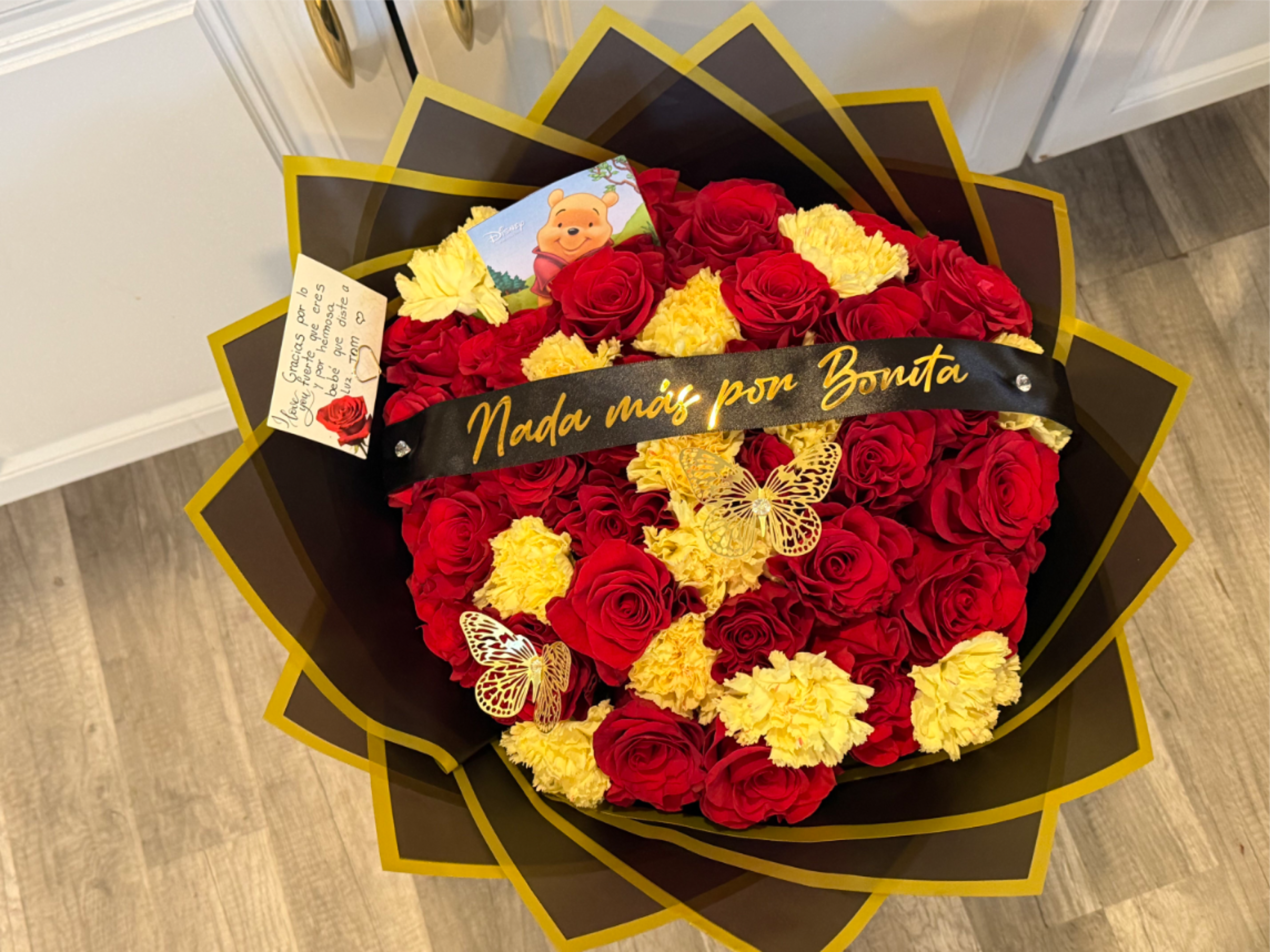Yellow and Red Bouquet. - Yellow Carnations with 25 red roses, a cute bouquet,  amazing for any occasions, or just because. Deluxe 30 Roses. Premium 35 Roses. 