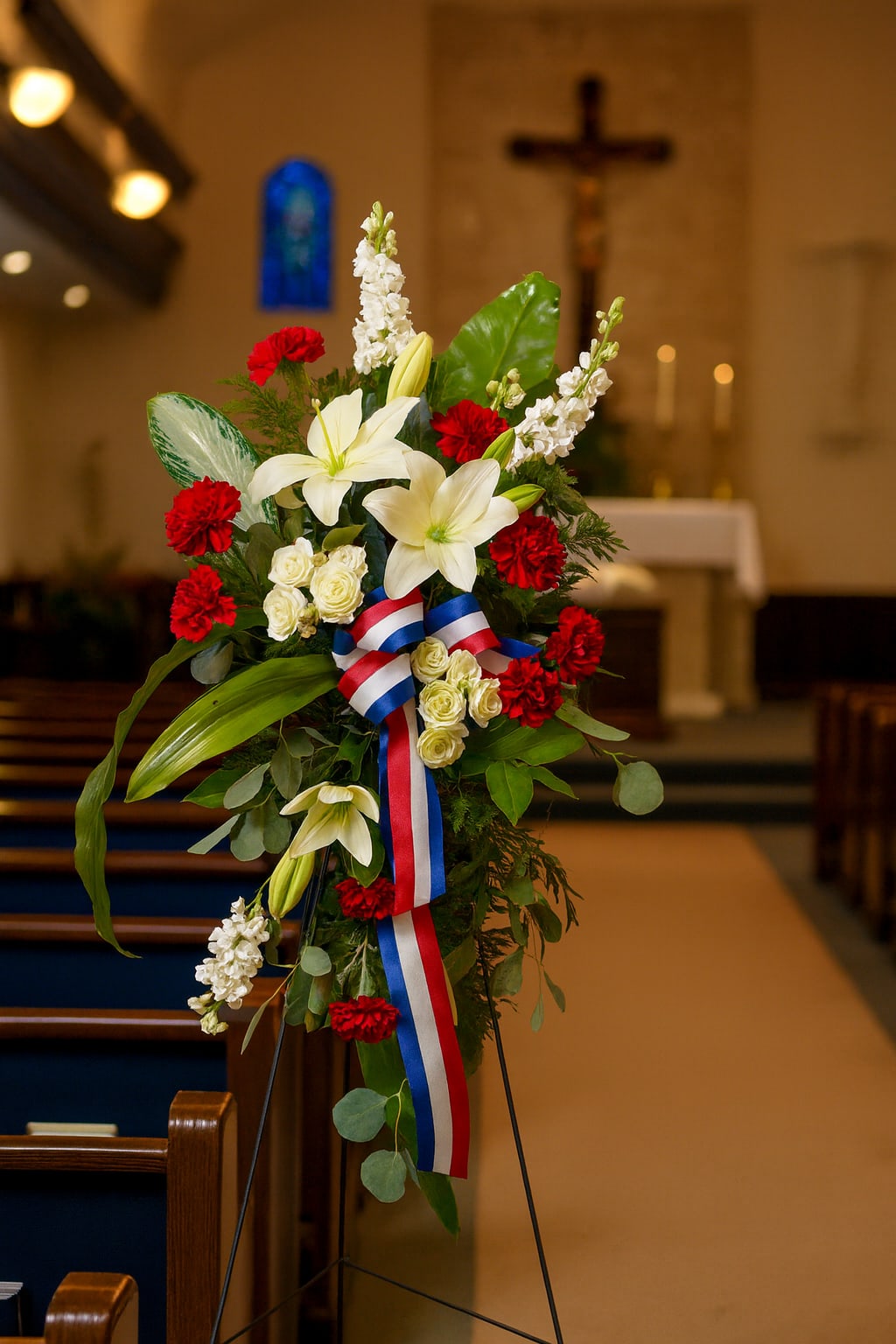 Standing floral spray with white lilies, red carnations, and a red-white-blue ribbon
