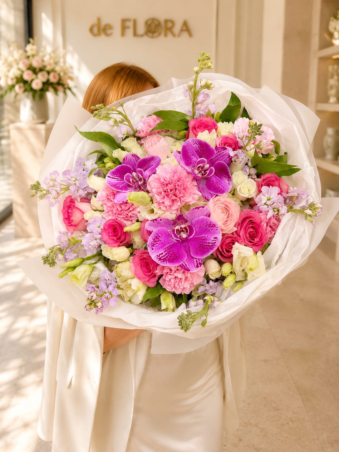 Large bouquet of pink and purple flowers wrapped in white paper