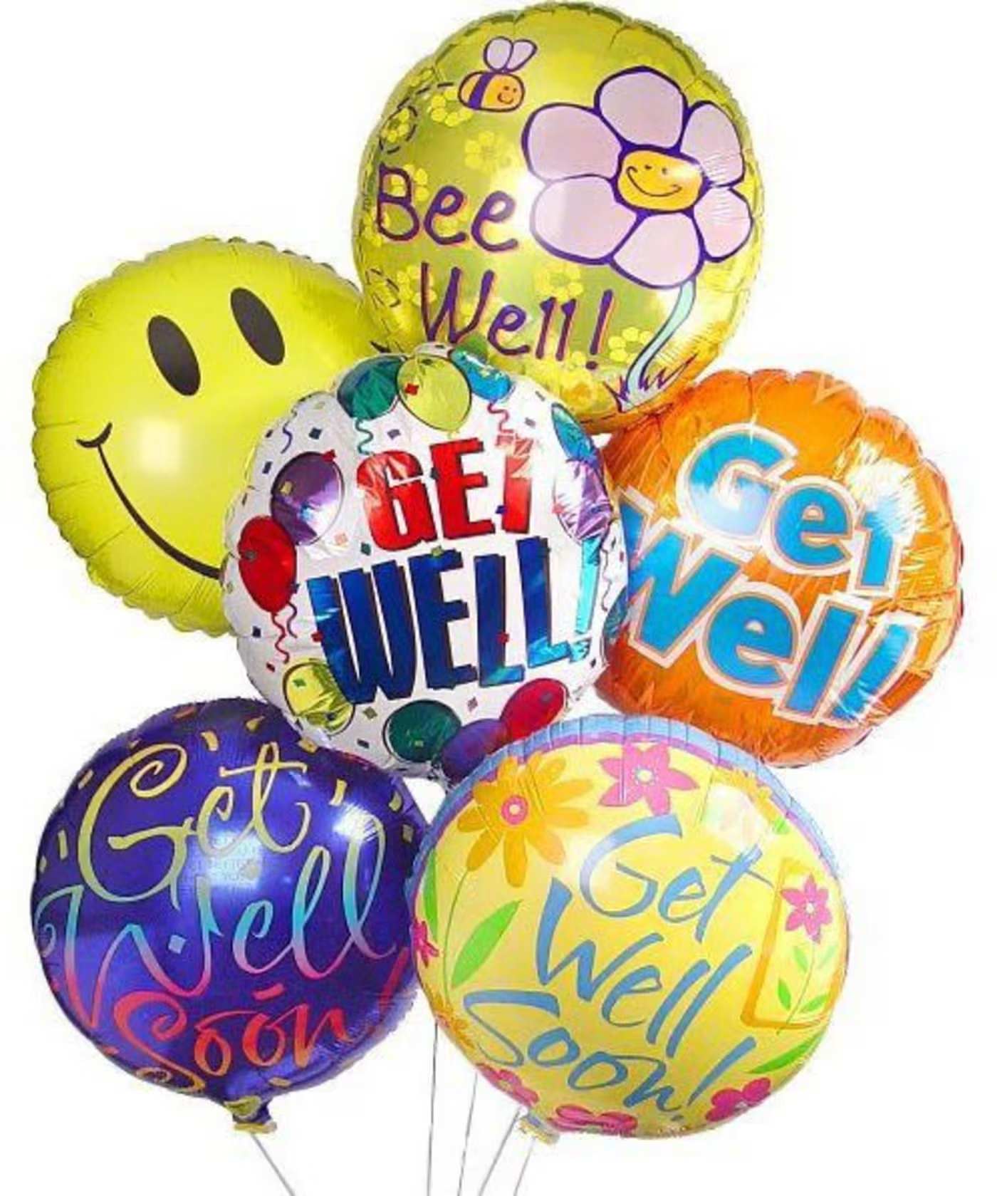 Cluster of colorful get-well balloons with smiley faces and floral graphics