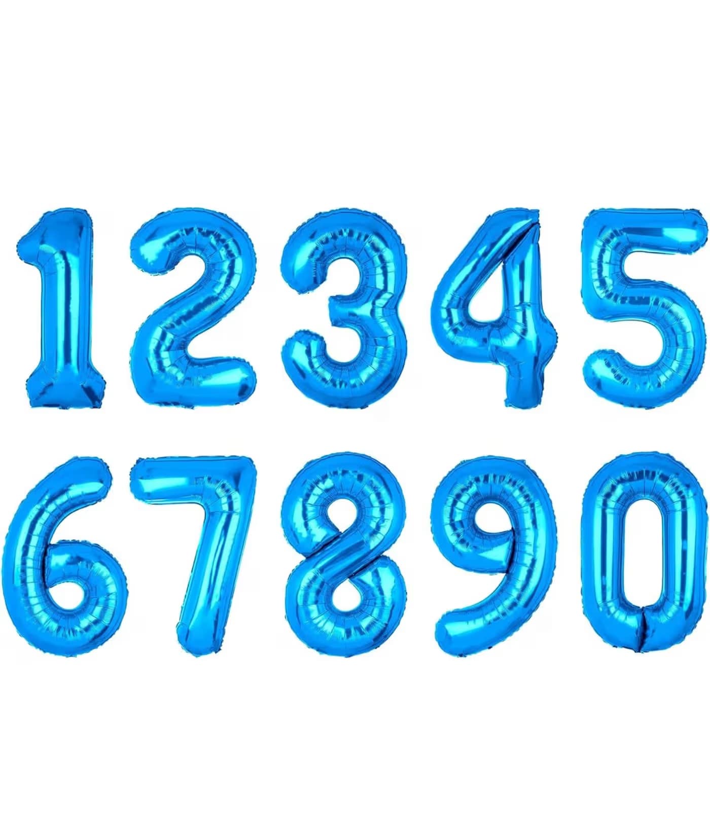 Blue number balloons arranged in two rows on a white background