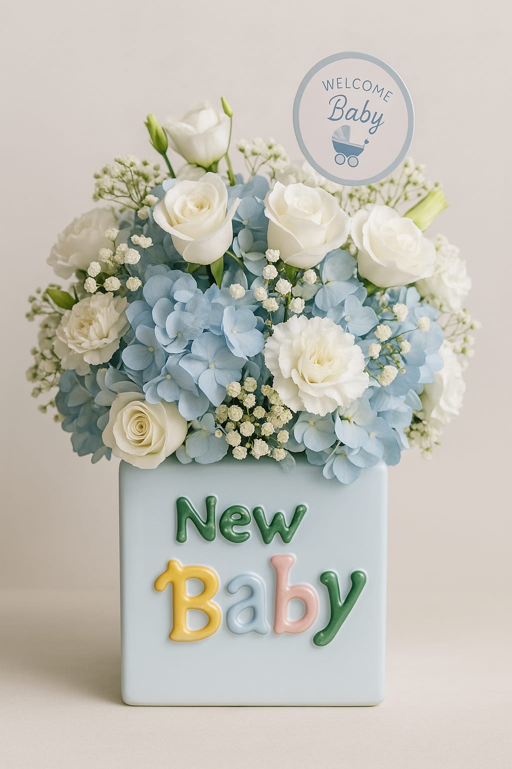 Blue and white floral arrangement in a baby-themed box with a welcome sign
