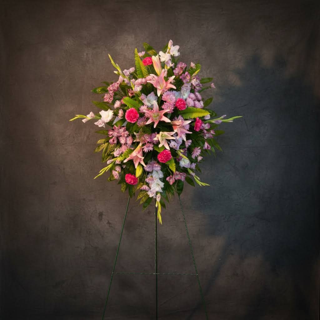 Standing floral spray with pink and lavender blooms on an easel