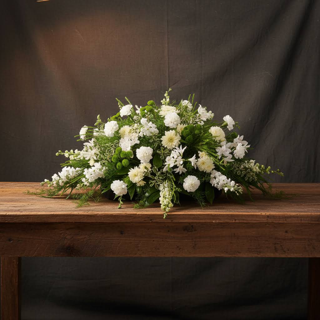 Low white floral arrangement with mixed blooms on a wooden table