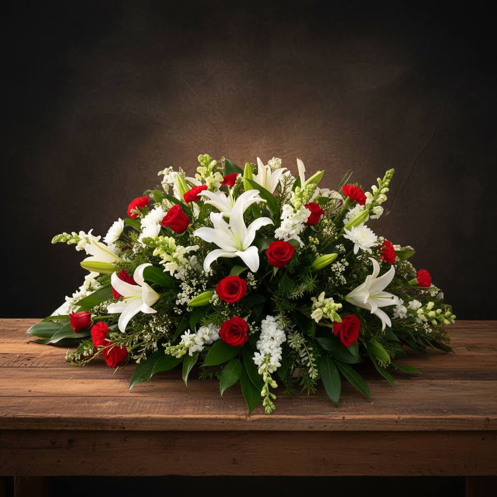 CC13 Casket Cover Red &amp; White Funeral Spray - Huntsville Sympathy Delivery - Red &amp; White Casket Cover Lilies,carns,snap dragons &amp; stock 