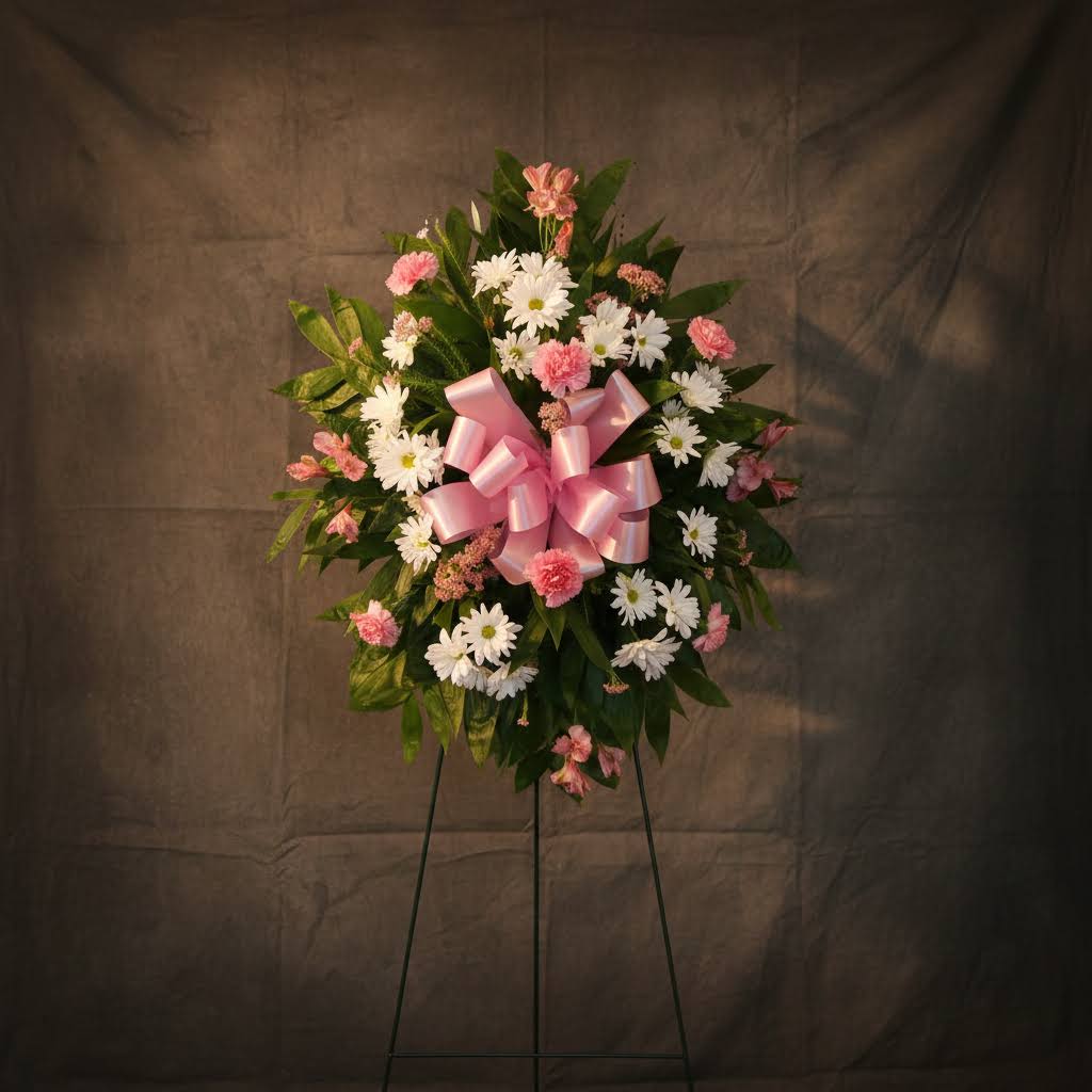 Pink and white floral standing wreath with a pink ribbon bow