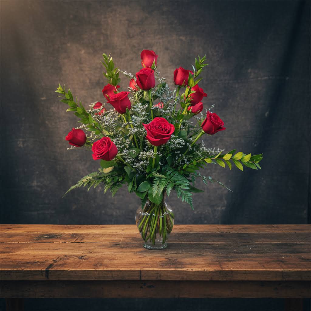 18 Red Roses With Caspia And Mixed Foliage  - Huntsville delivery - 18 Red Rose With Caspia and Mixed Greens 