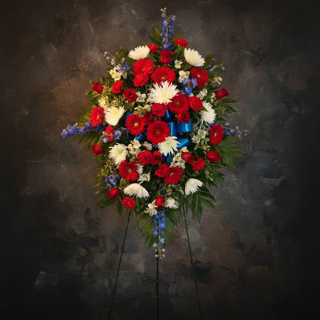 Standing floral spray with red, white, and blue flowers on an easel