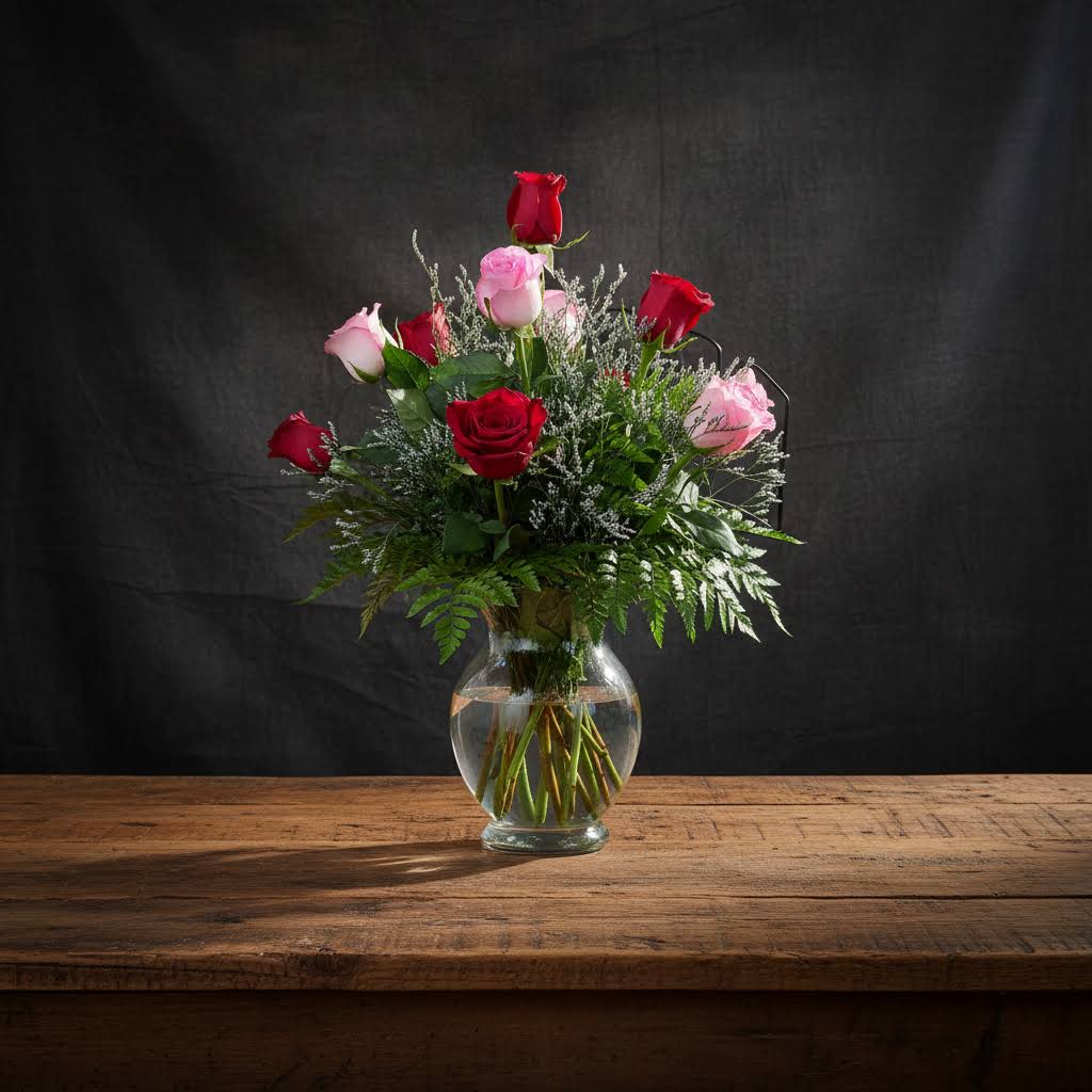 Dozen Mixed Red and Pink Roses Vase Arrangement - Fresh Roses Delivery Huntsville - Dozen mixed rones in pink and red. Arranged in vase with greens and filler. Pink Roses may vary in color.