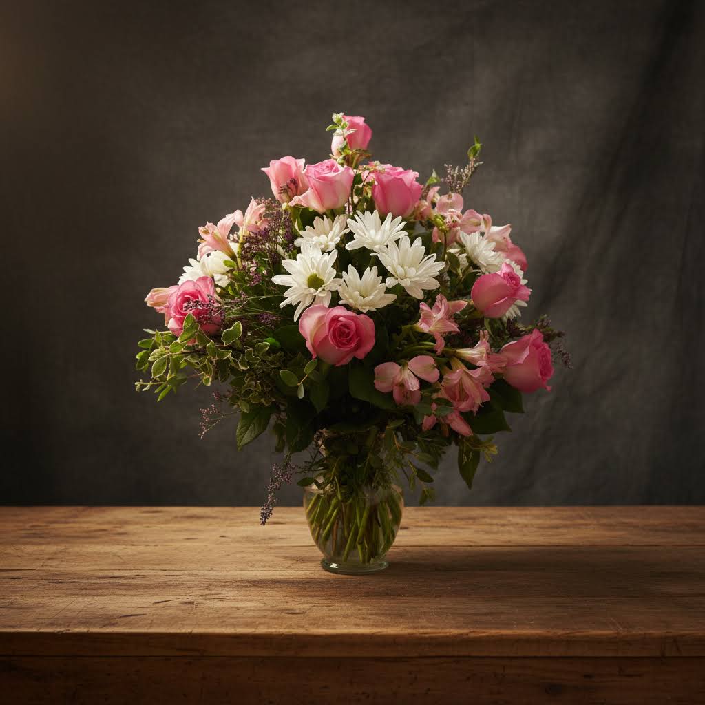 Elegance &amp; Delight  - Huntsville delivery - Vase of Pink Roses, Pink Alstros, White Dasies &amp; Mixed Greens &amp; Fillers