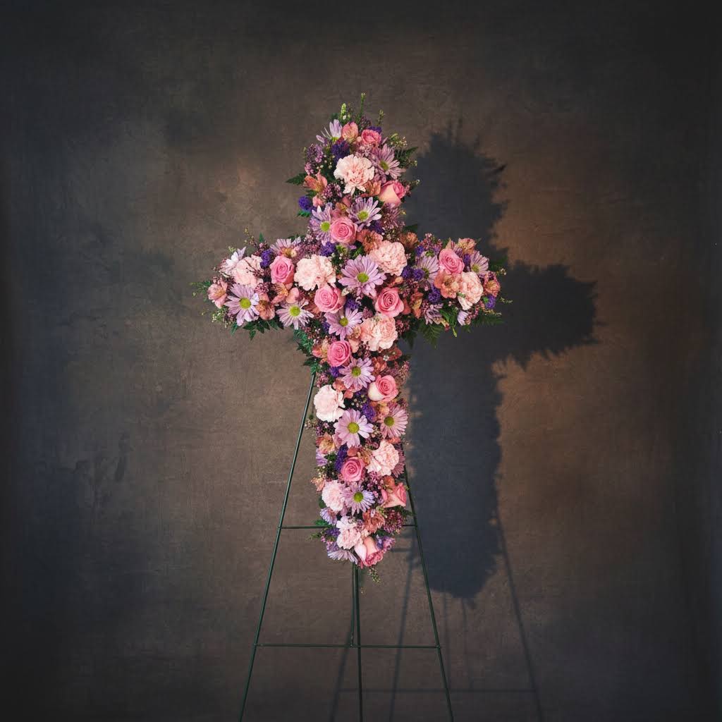 Early Spring sympathy Cross- Huntsville sympathy delivery - Early springtime flowers on 54" easel 