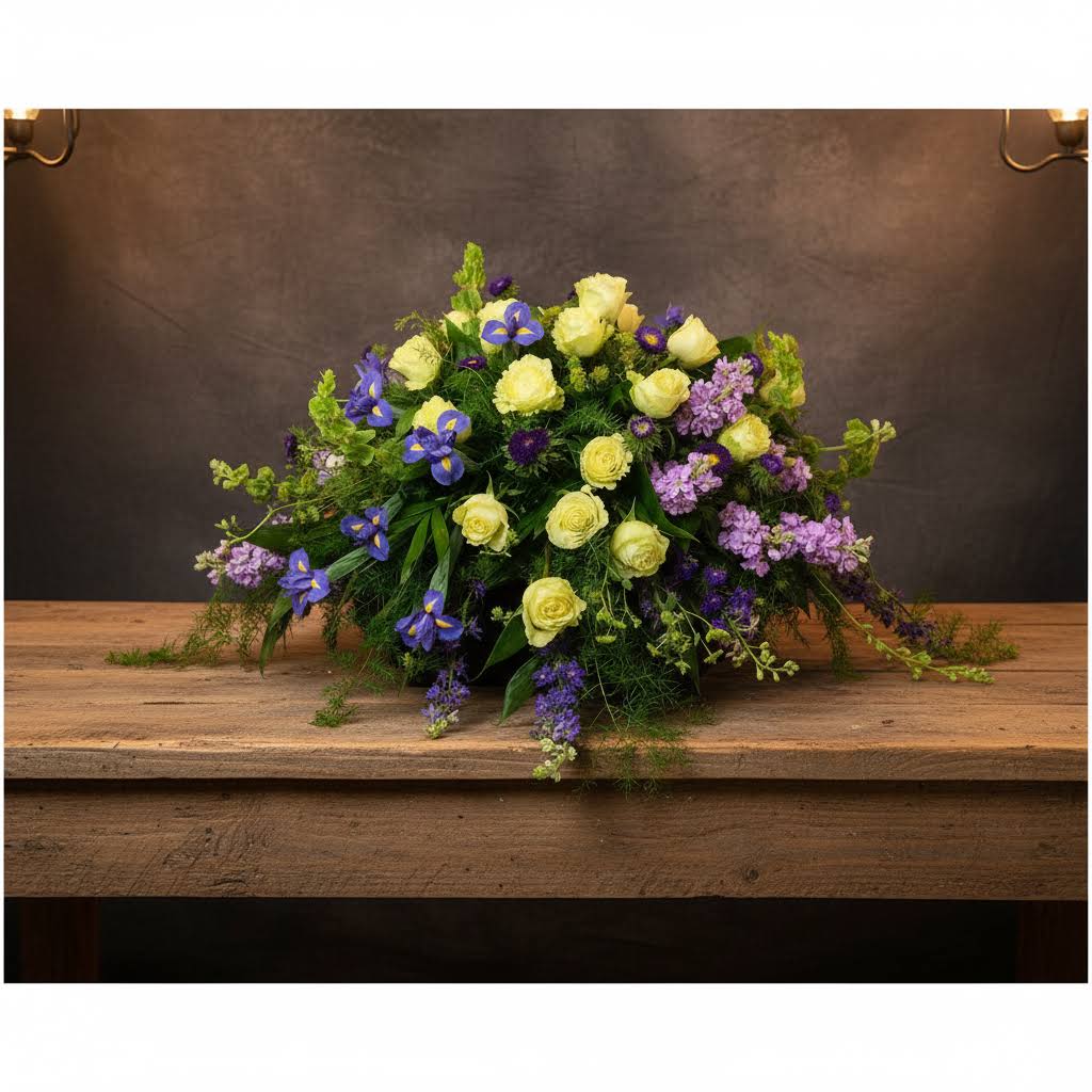 CC03 Casket Cover Of Purples &amp; Whites - Huntsville sympathy delivery - Please Call For availability Of flowers 