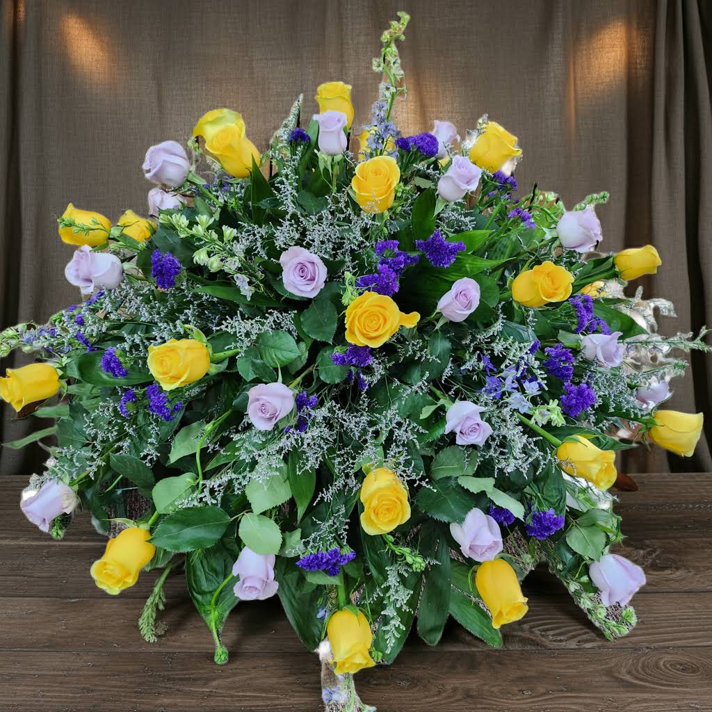 Casket Cover Of purples &amp; Yellows - Huntsville sympathy delivery - Casket Cover Of purples &amp; Yellows