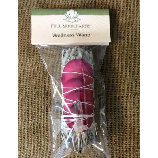 Full Moon Wellness Wand   - White Sage, Rose Petals, and a sweet little raw quartz crystal point. Use this beautiful wand in the ceremony or to put on your altar and enjoy the beauty and energy. Rose petals will very. 