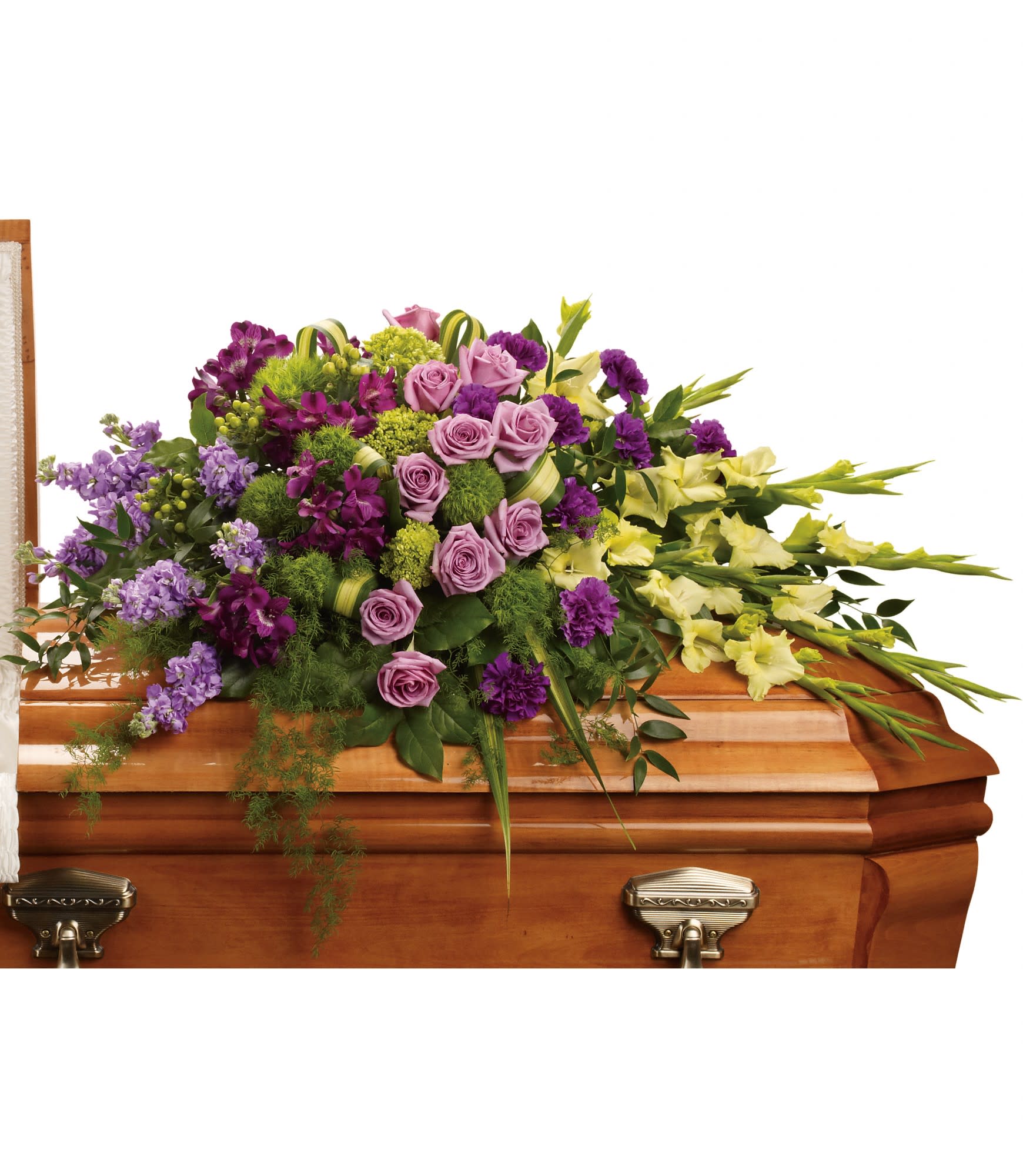 Reflections of Gratitude Casket Spray TF - Devotion is beautifully expressed with lavender roses, purple alstroemeria and other favorites artistically arranged and placed on top of the casket.  