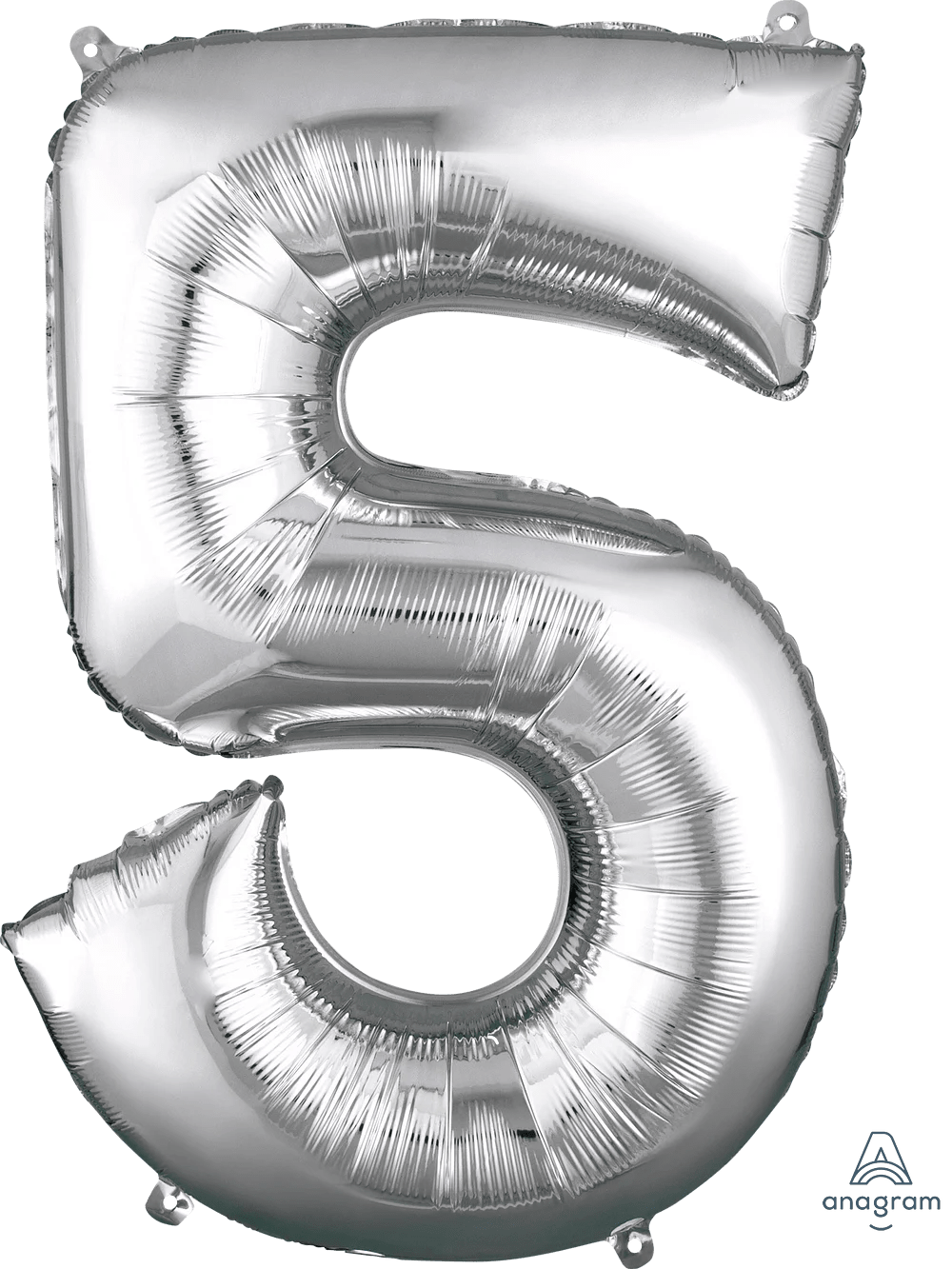 Silver foil balloon shaped like the number 5