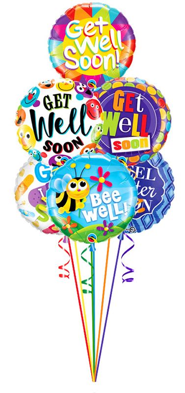 Cluster of colorful get well soon balloons with ribbons