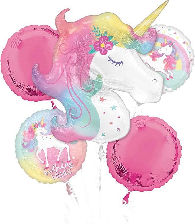 Unicorn-shaped birthday balloons in pink and pastel colors